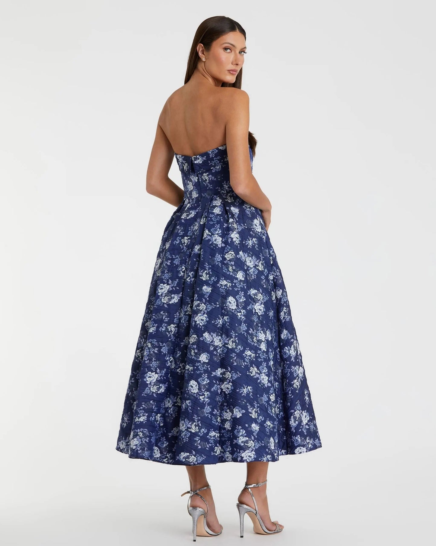Blue Strapless Floral Brocade Midi Dress