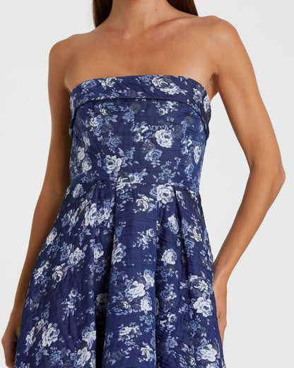 Blue Strapless Floral Brocade Midi Dress