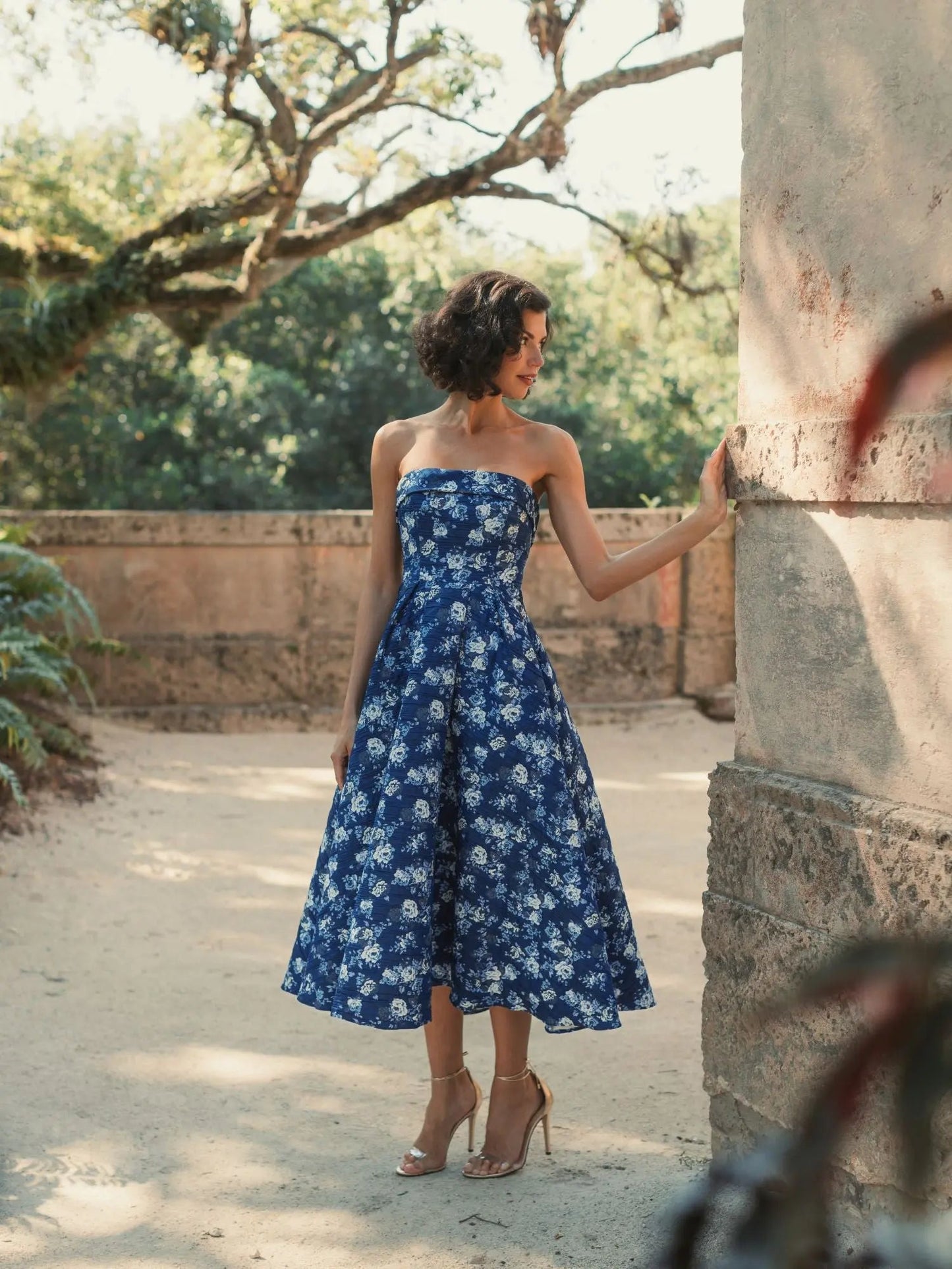 Blue Strapless Floral Brocade Midi Dress