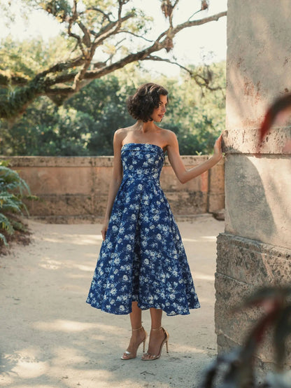 Blue Strapless Floral Brocade Midi Dress
