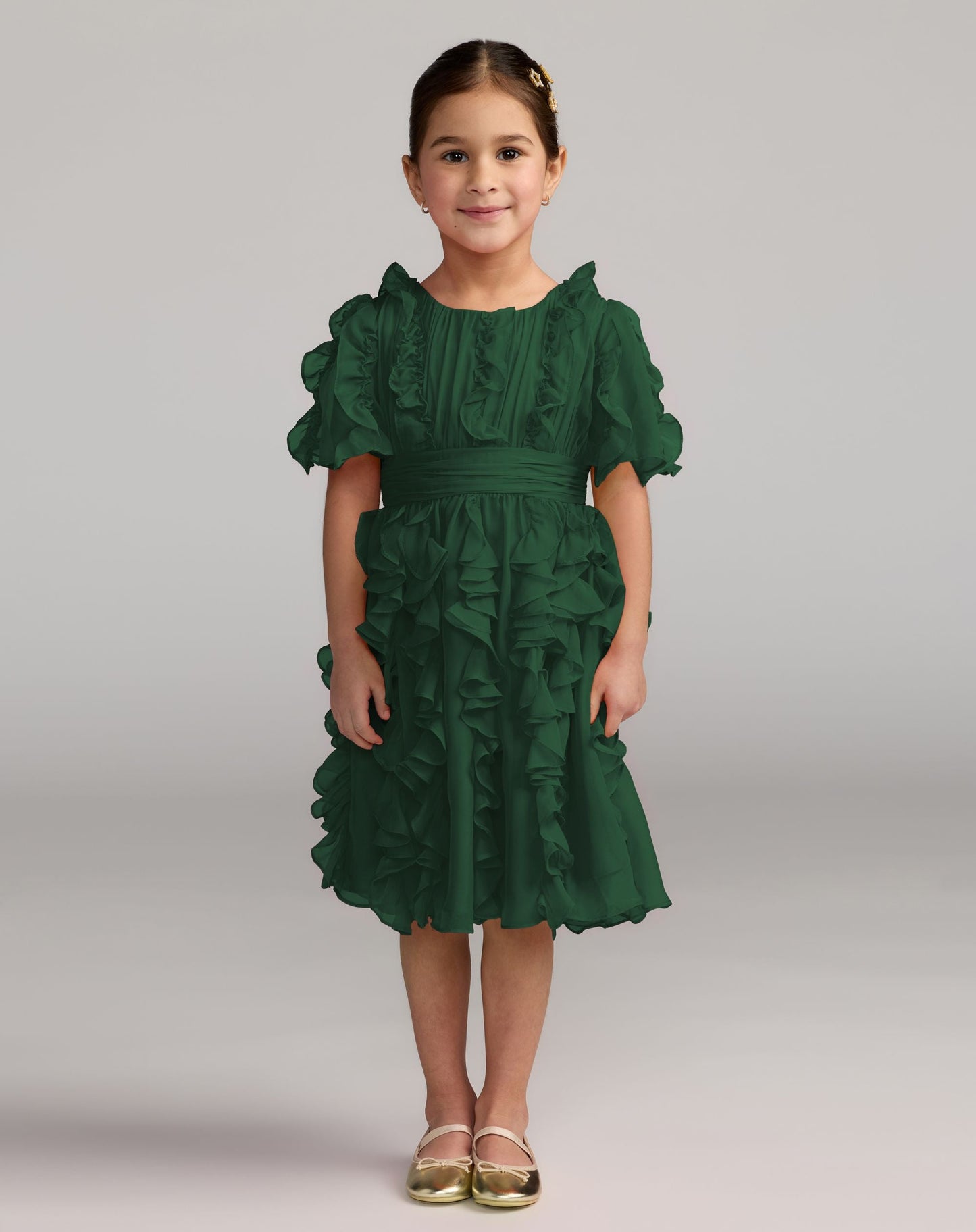 Girls Green Chiffon High Neck Ruffle Dress