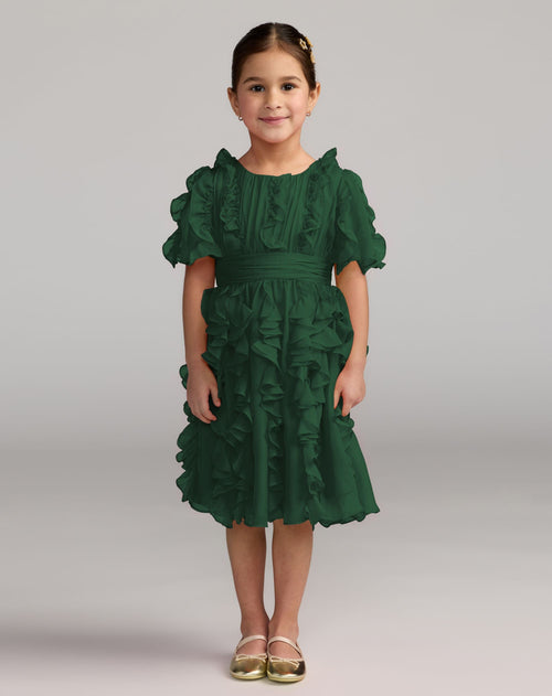 Girls Green Chiffon High Neck Ruffle Dress