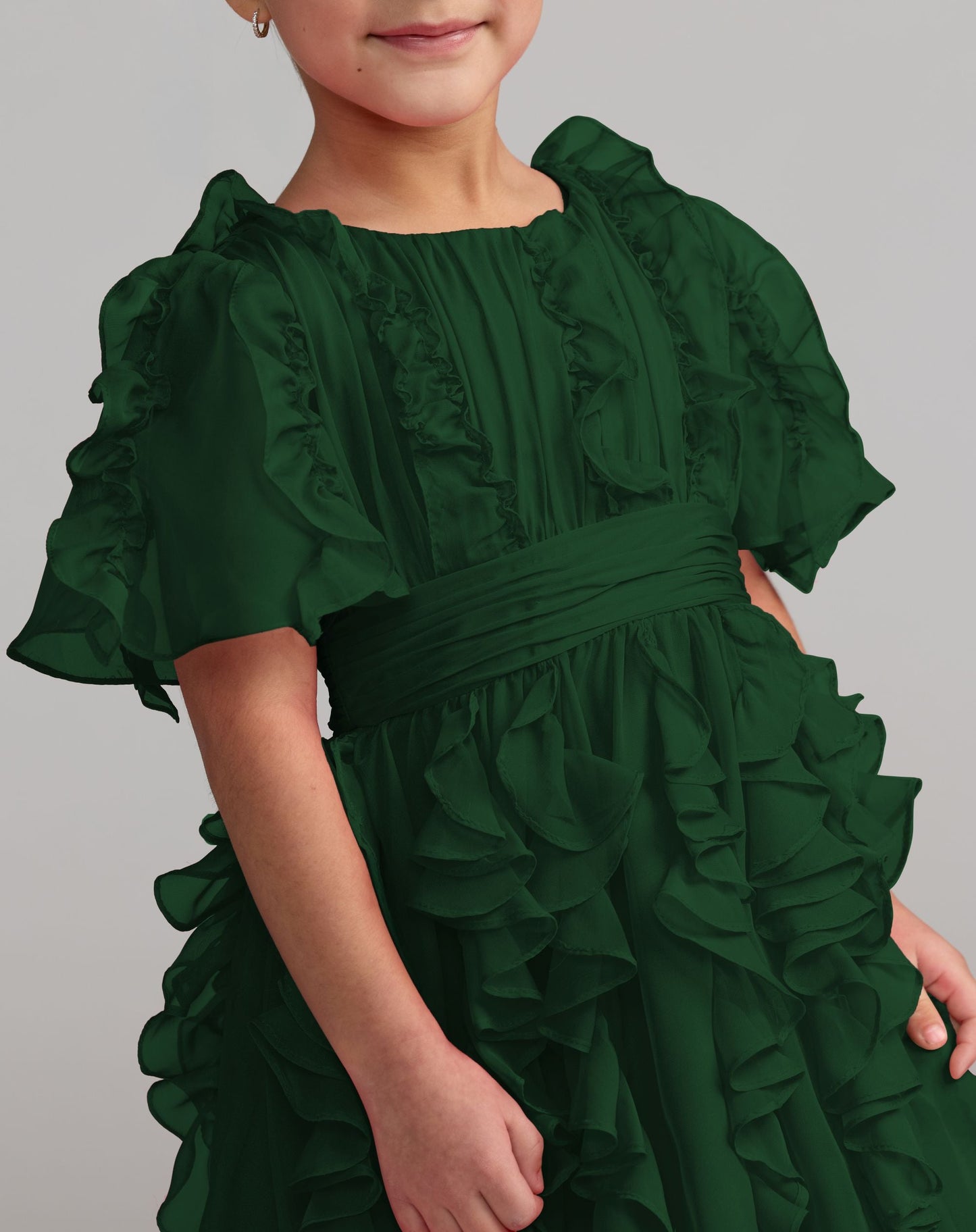 Girls Green Chiffon High Neck Ruffle Dress