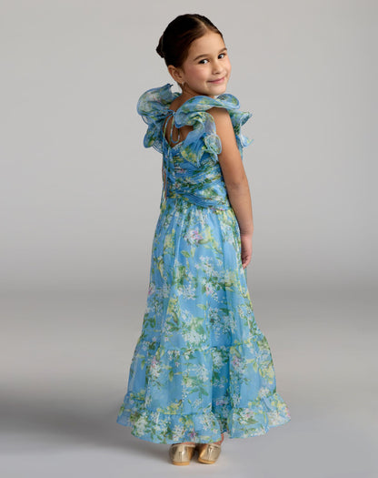 Girls Blue Floral Chiffon Ruffle Shoulder Dress