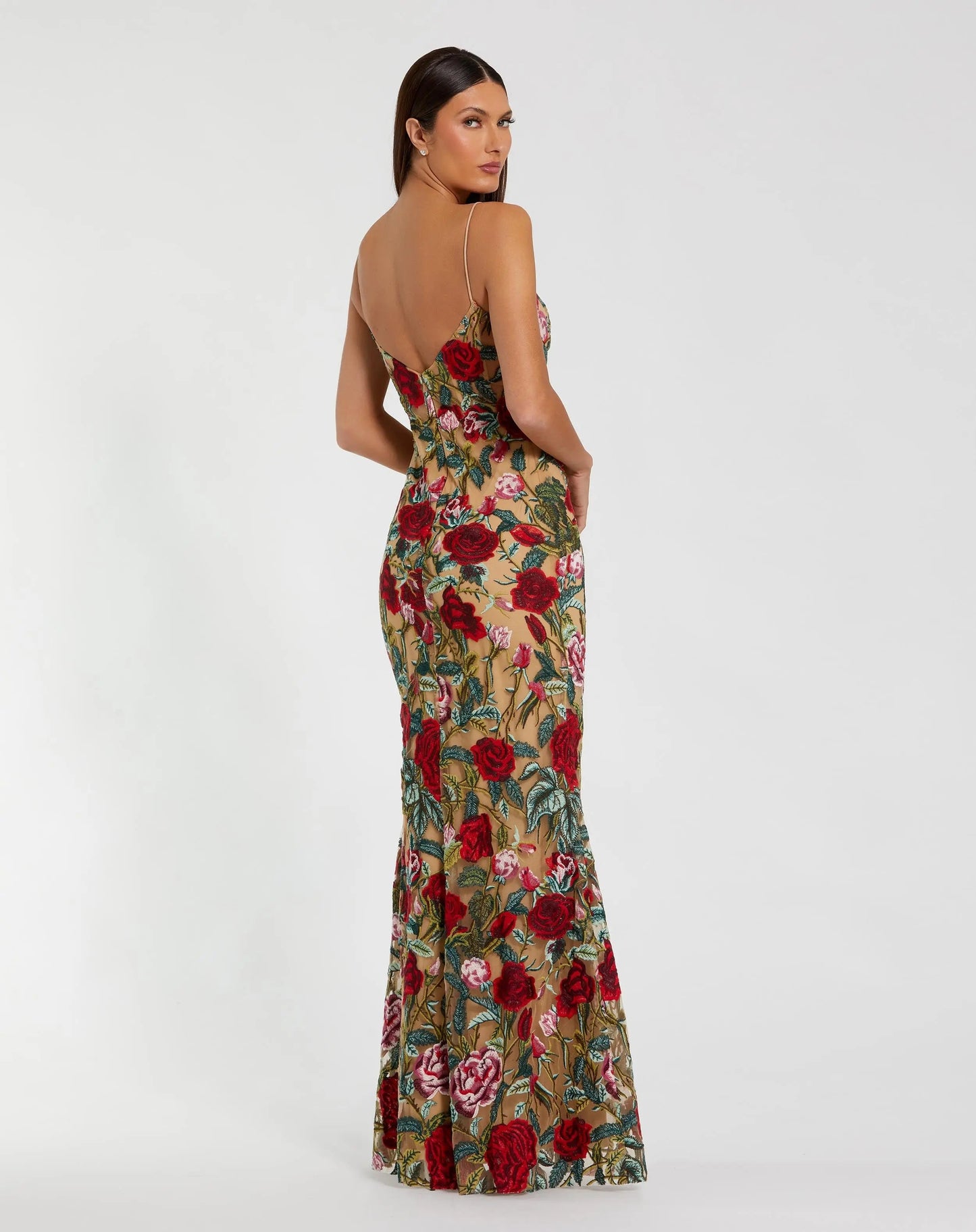 Beige Multicolor Embroidered Spaghetti Strap Floral Gown