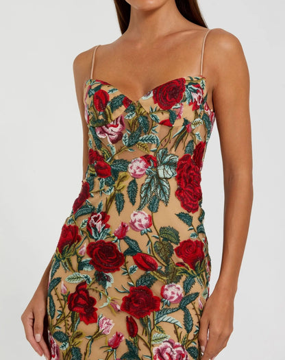 Beige Multicolor Embroidered Spaghetti Strap Floral Gown