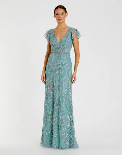 Petite Blue V-Neck Flutter Sleeve Floral Embroidered Gown