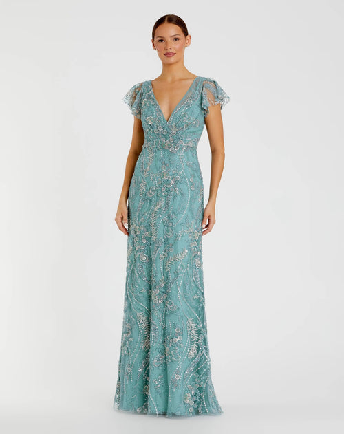Petite Blue V-Neck Flutter Sleeve Floral Embroidered Gown