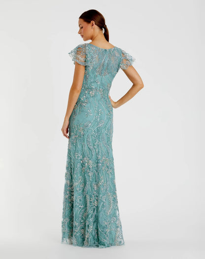 Petite Blue V-Neck Flutter Sleeve Floral Embroidered Gown