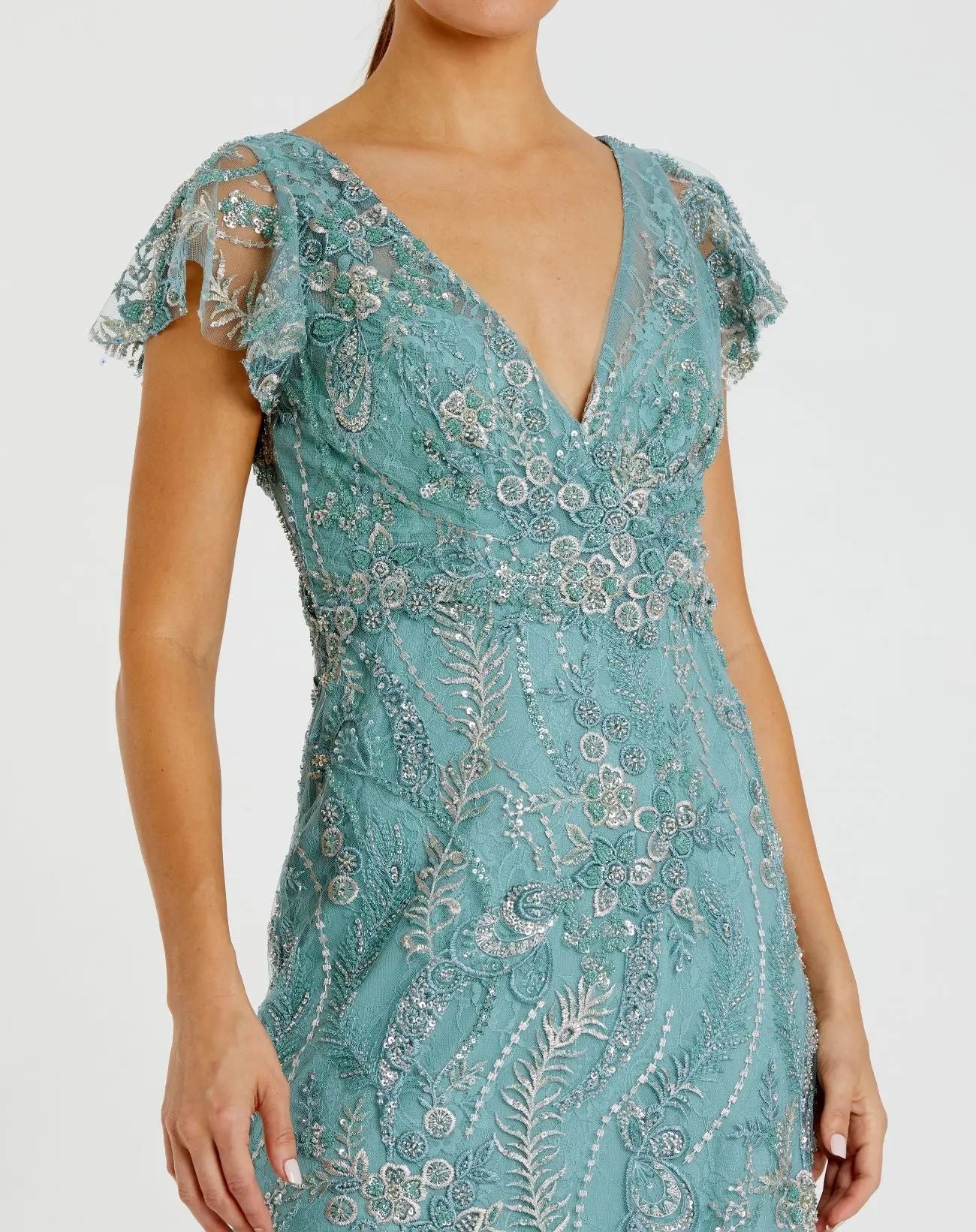 Petite Blue V-Neck Flutter Sleeve Floral Embroidered Gown