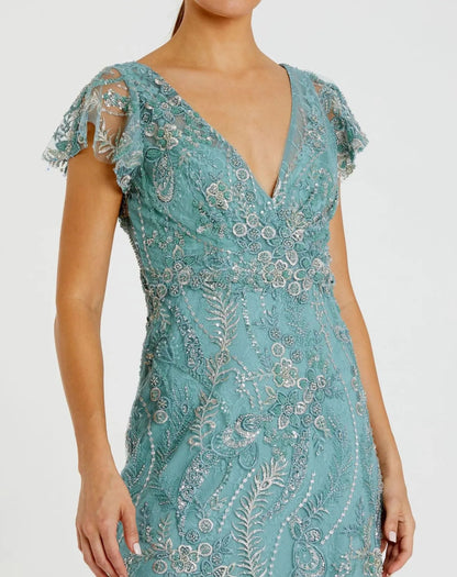 Petite Blue V-Neck Flutter Sleeve Floral Embroidered Gown