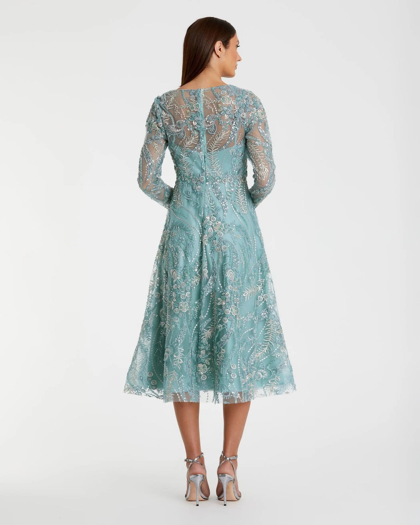 Blue Embellished Long Sleeve V-Neck Midi Dress