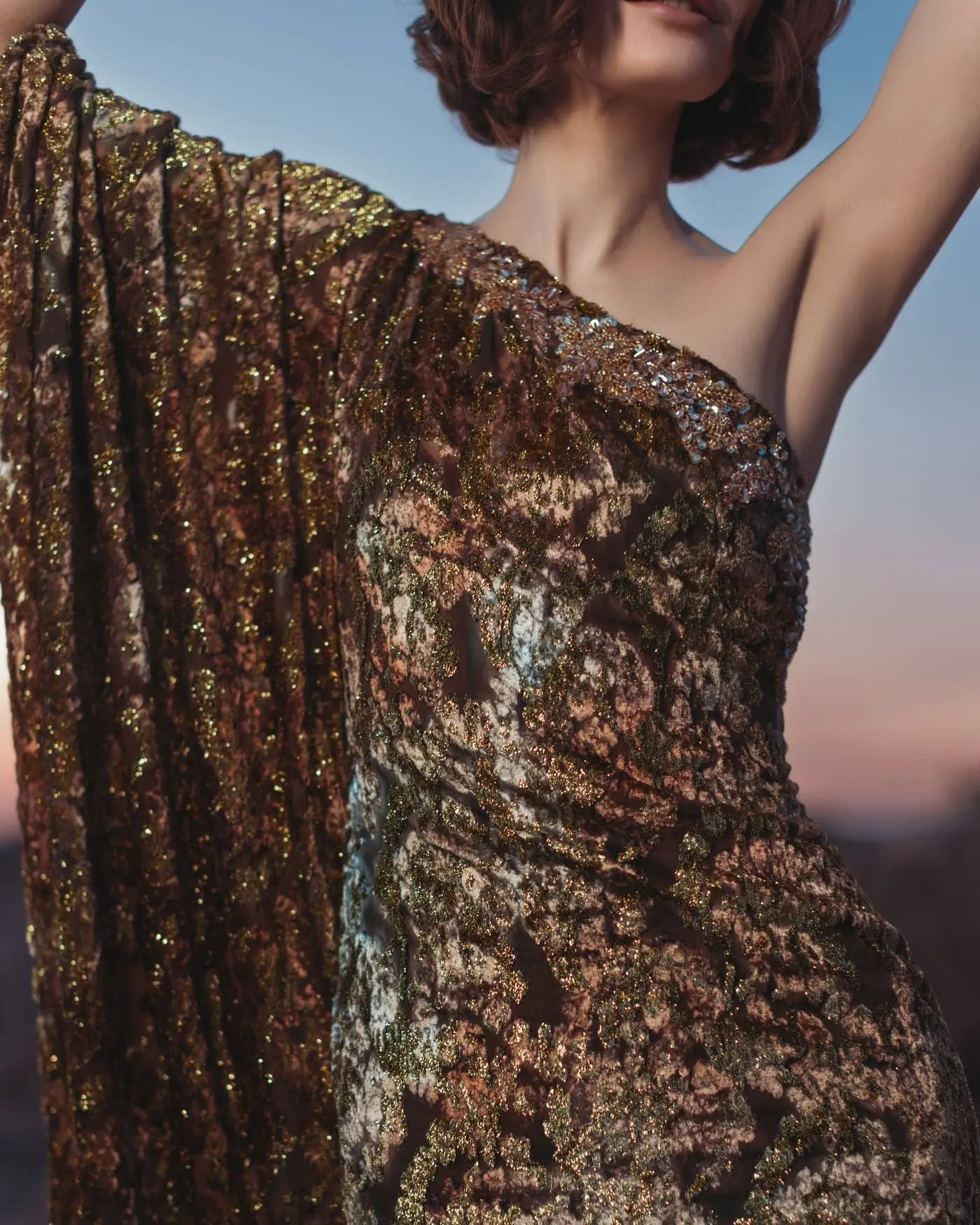 Gold One Shoulder Metallic Burnout Velvet Evening Gown