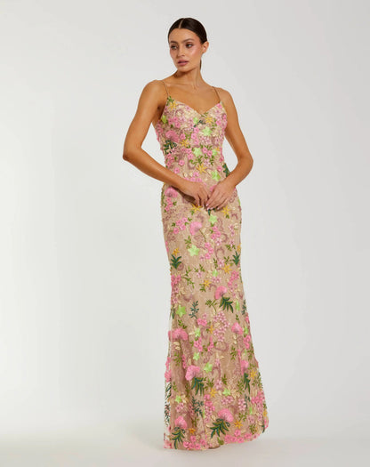 Beige Multi Floral Rhinestone Embroidered Column Gown