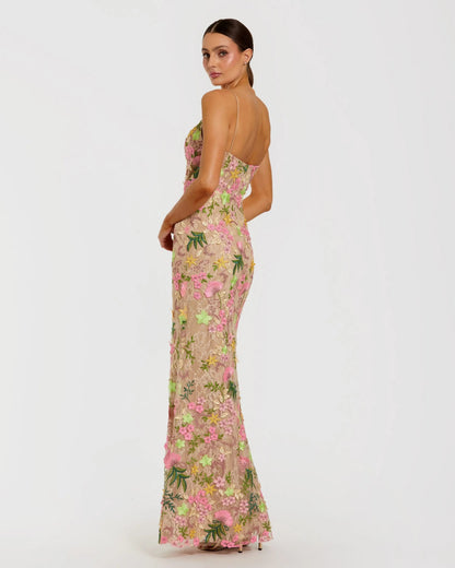 Beige Multi Floral Rhinestone Embroidered Column Gown