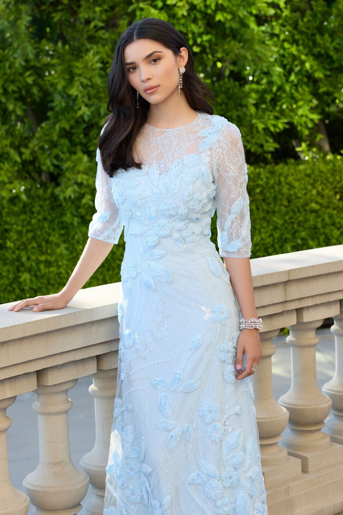Blue High Neck Embellished Lace Gown with 3/4 Sleeves