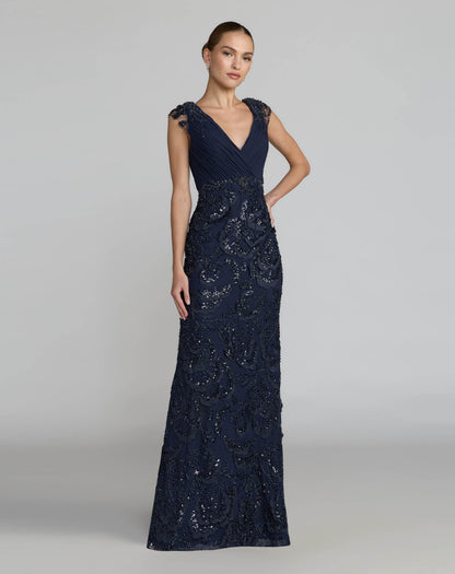 Floral Beaded Chiffon V-Neck Evening Gown