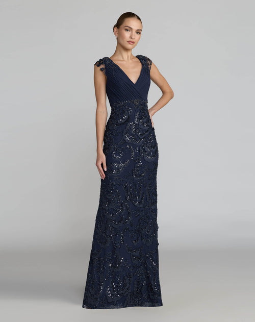 Floral Beaded Chiffon V-Neck Evening Gown