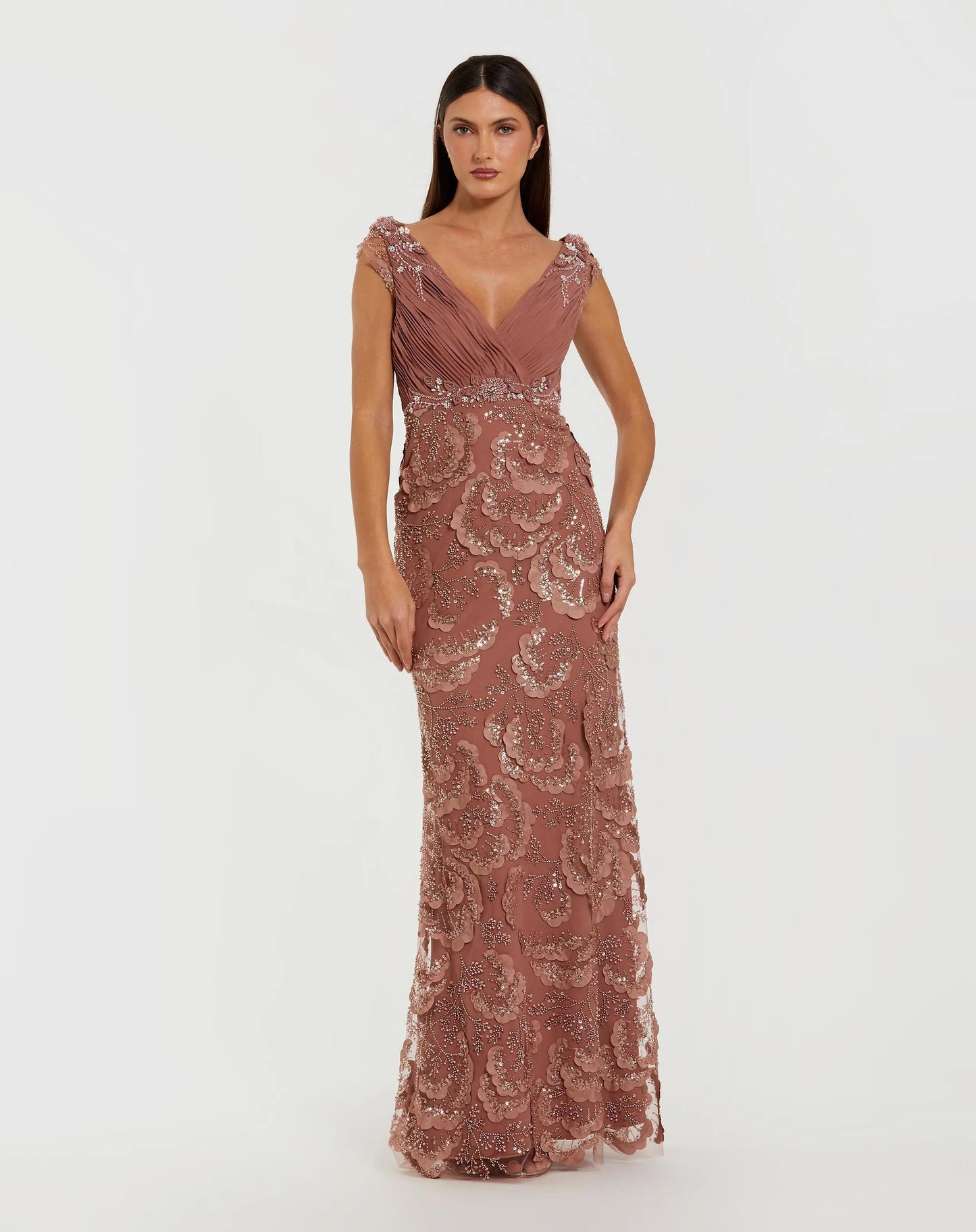 Floral Beaded Chiffon V-Neck Evening Gown