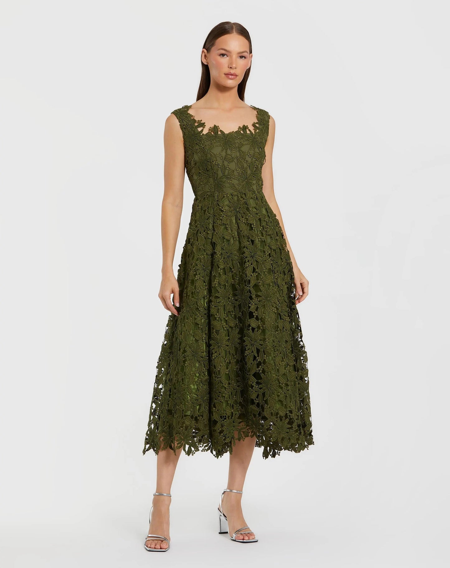 Olive Sleeveless Embroidered Lace A-Line Midi Dress