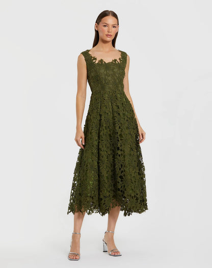 Olive Sleeveless Embroidered Lace A-Line Midi Dress