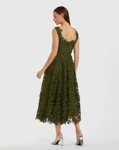 Olive Sleeveless Embroidered Lace A-Line Midi Dress