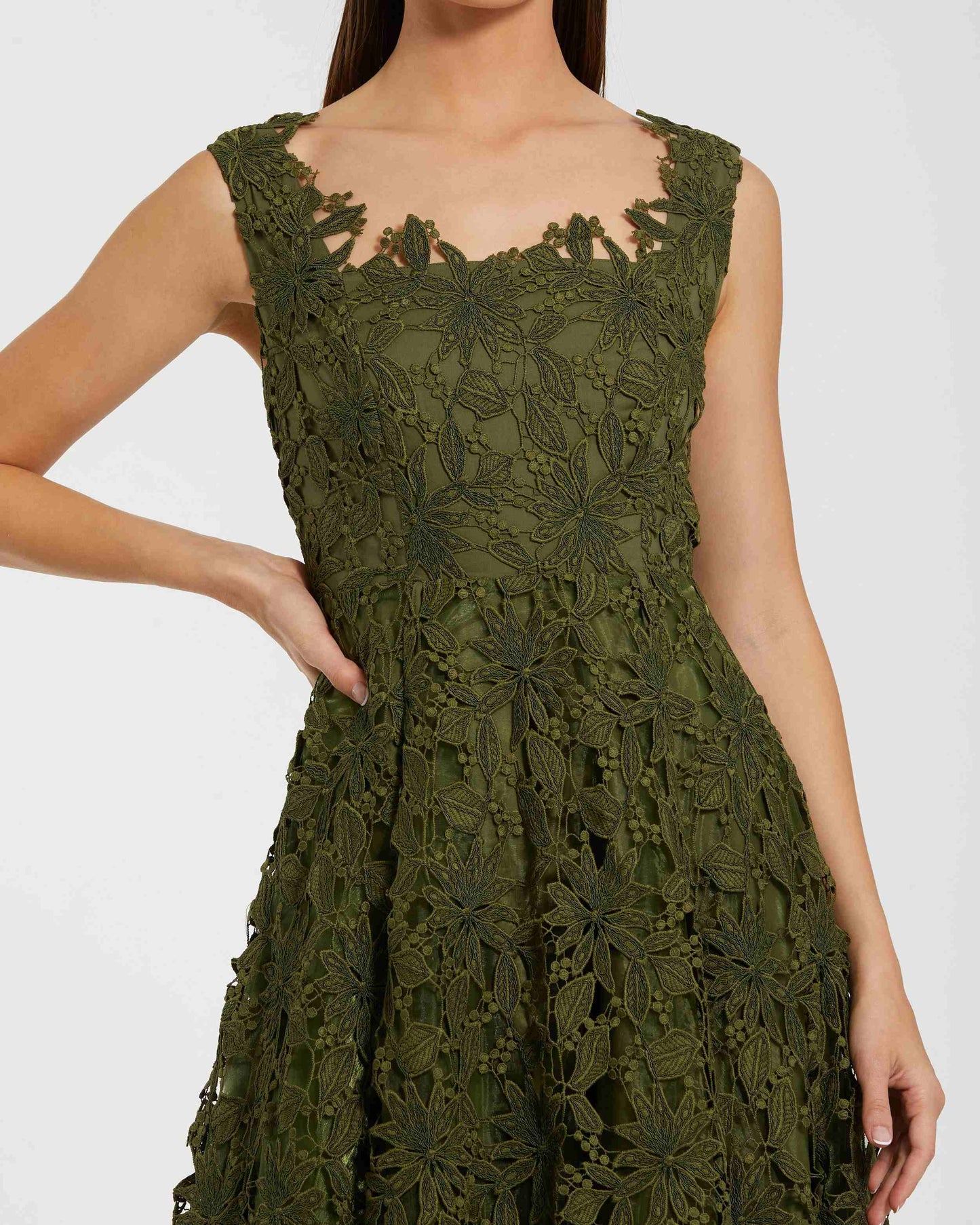 Olive Sleeveless Embroidered Lace A-Line Midi Dress