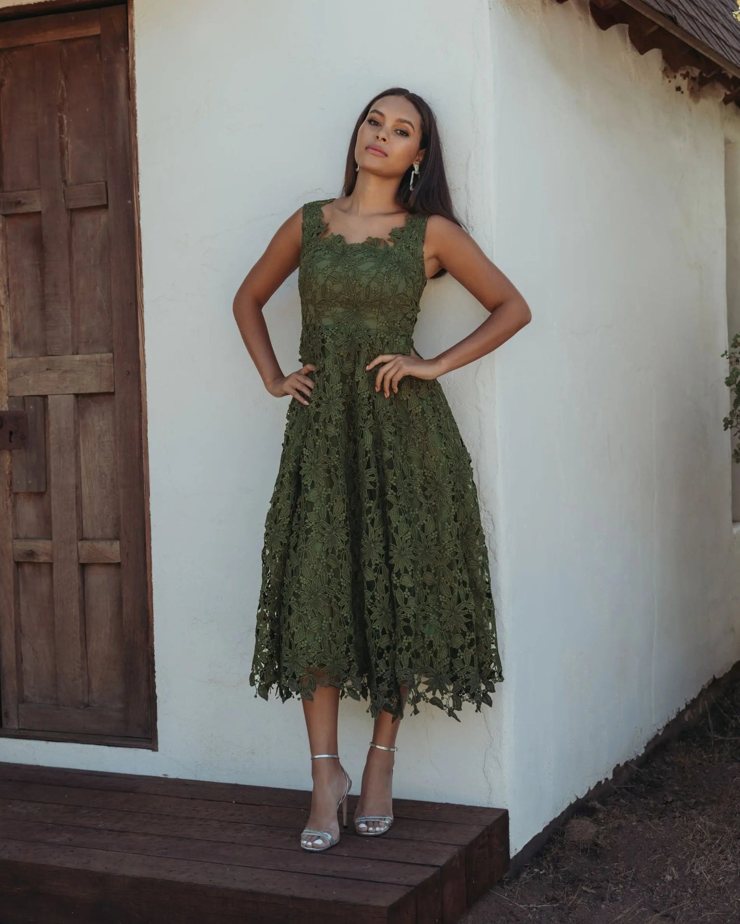 Olive Sleeveless Embroidered Lace A-Line Midi Dress