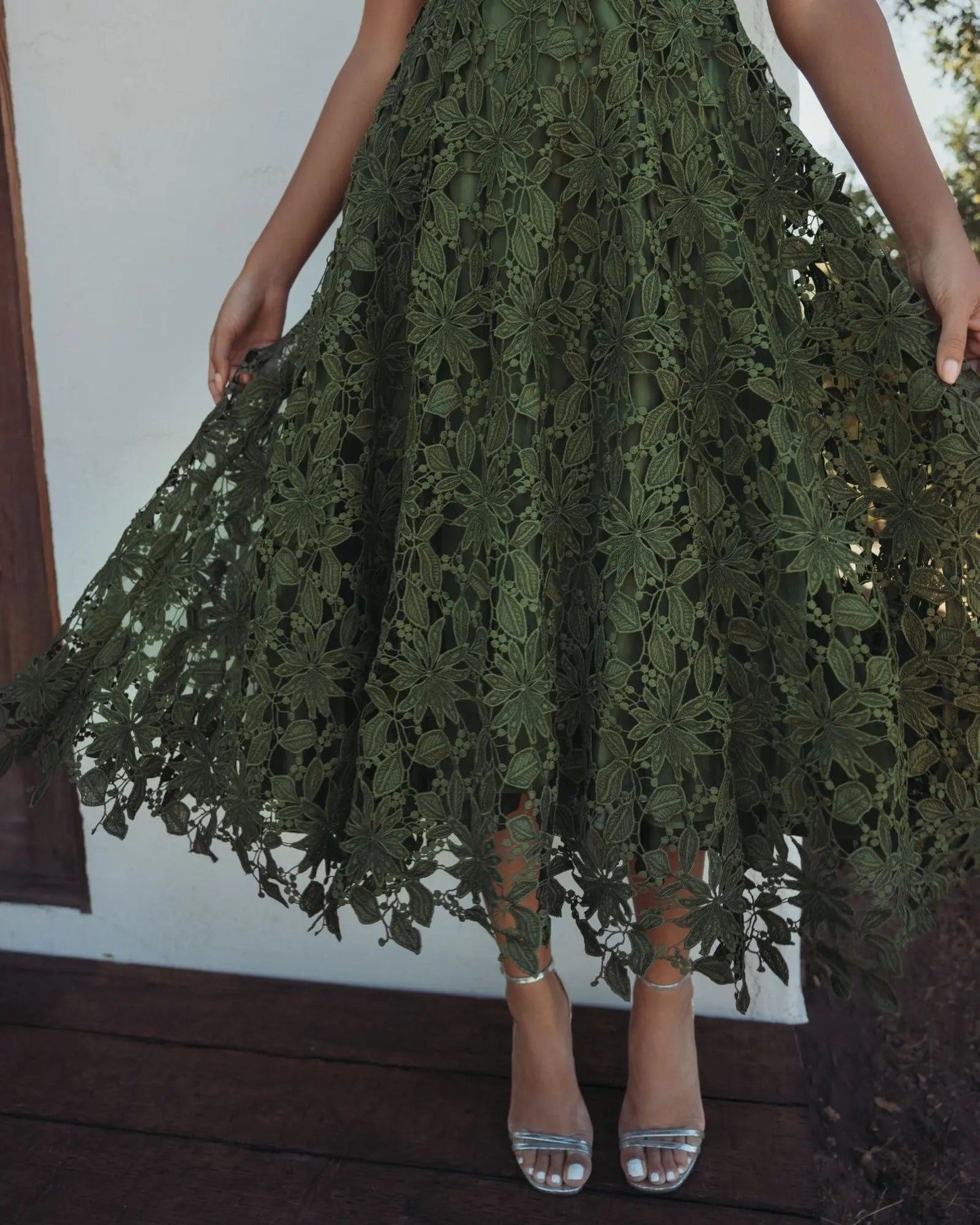 Olive Sleeveless Embroidered Lace A-Line Midi Dress