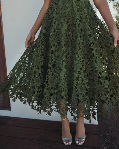 Olive Sleeveless Embroidered Lace A-Line Midi Dress