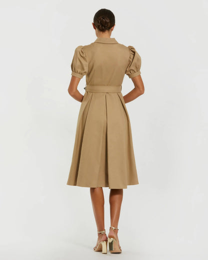 Beige Puff Sleeve Belted Midi Shirt Dress