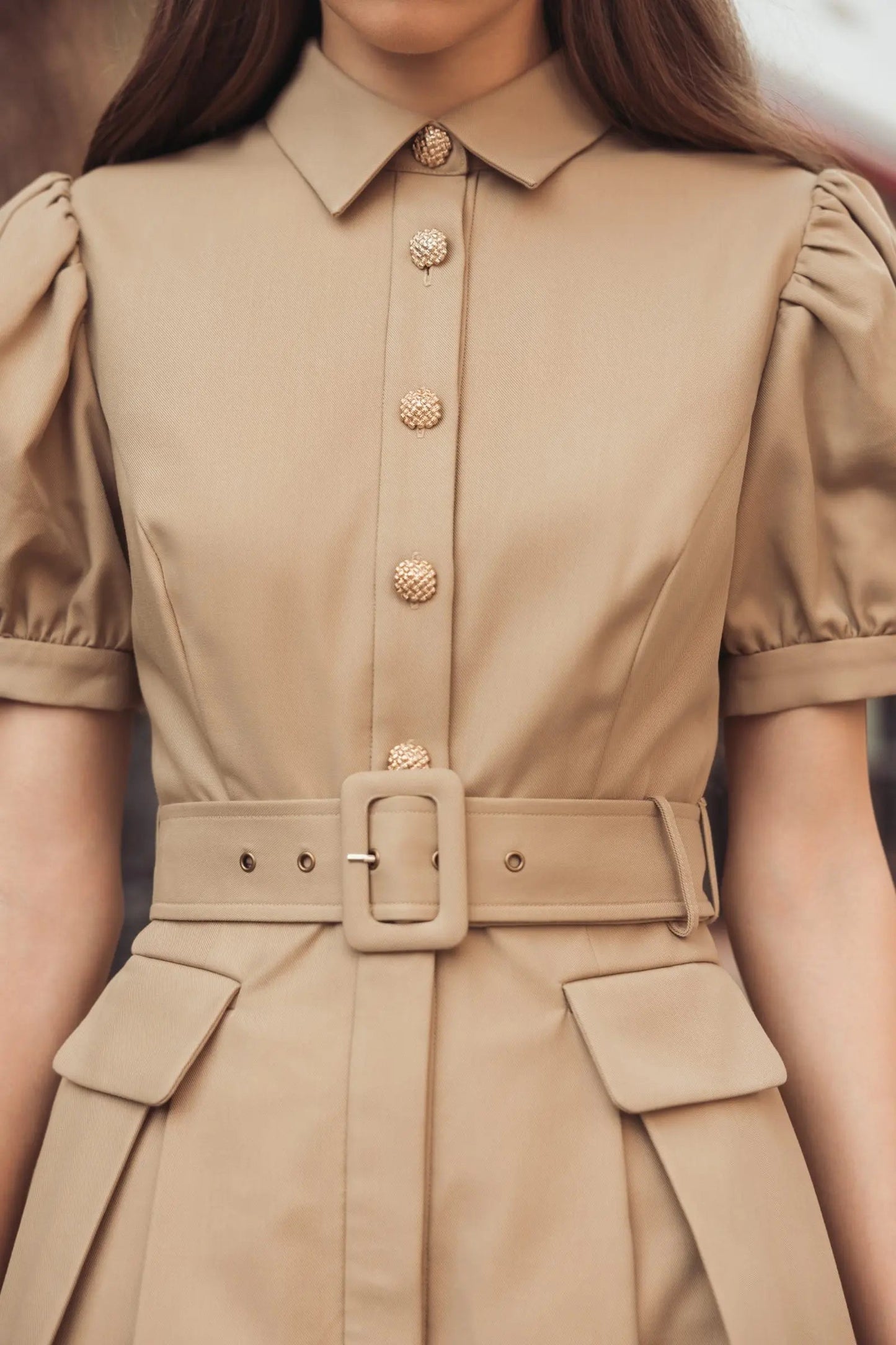Beige Puff Sleeve Belted Midi Shirt Dress