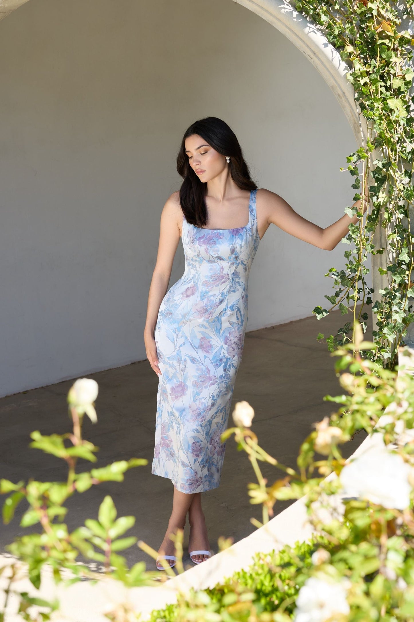 Blue Floral Square Neck Midi Dress