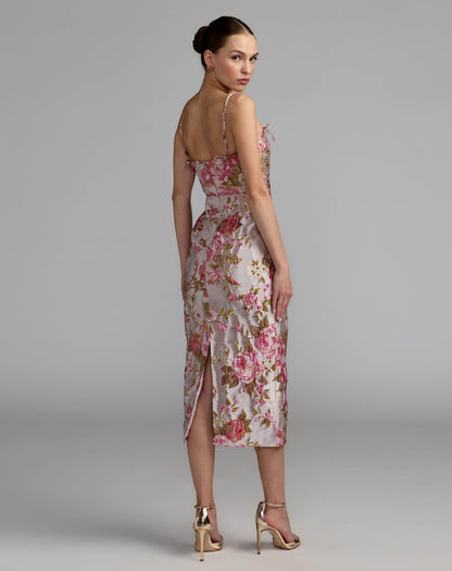 Floral Brocade Bow Strap Midi Dress