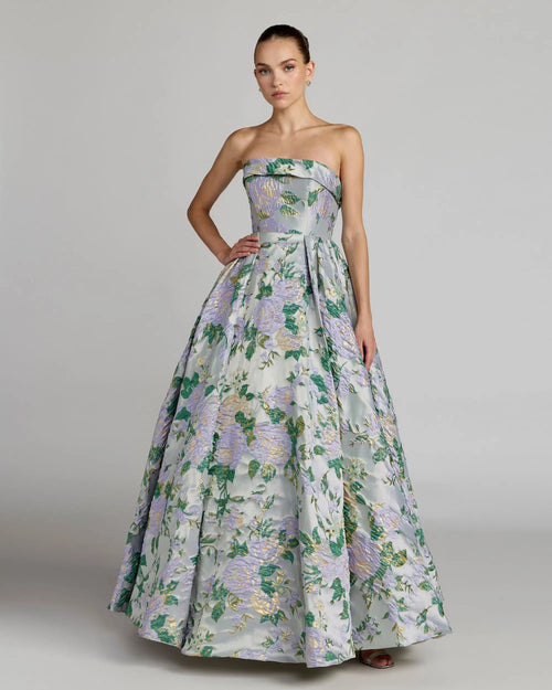 Blue Multicolor Strapless Floral Brocade Ball Gown