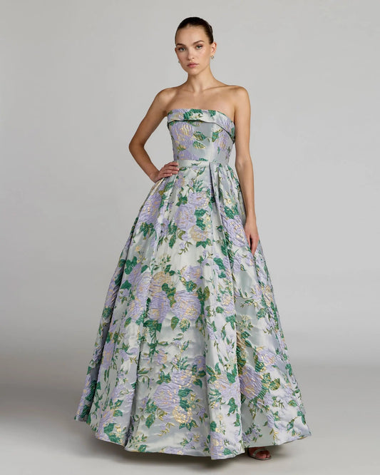 Blue Multicolor Strapless Floral Brocade Ball Gown