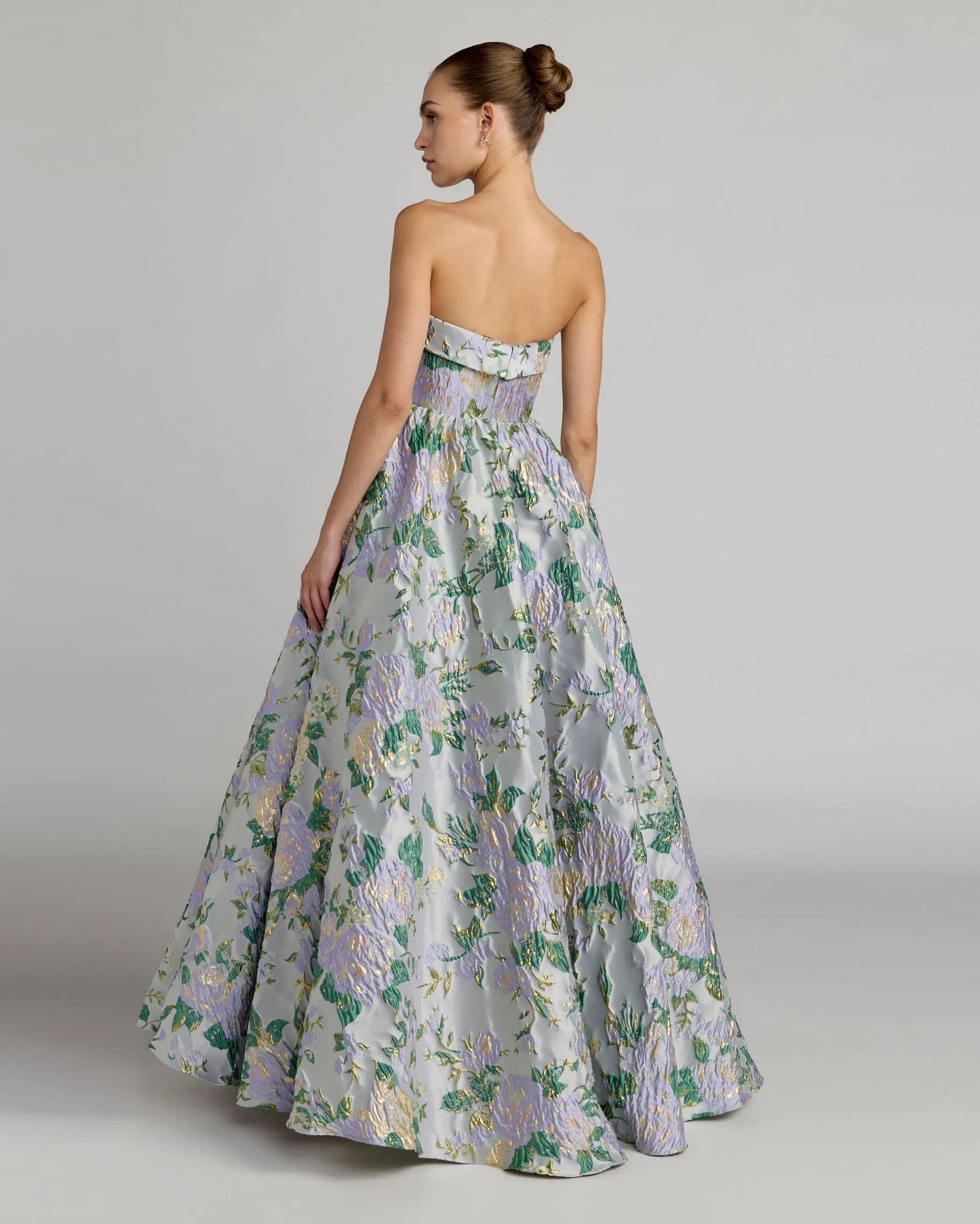 Blue Multicolor Strapless Floral Brocade Ball Gown