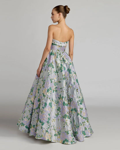 Blue Multicolor Strapless Floral Brocade Ball Gown