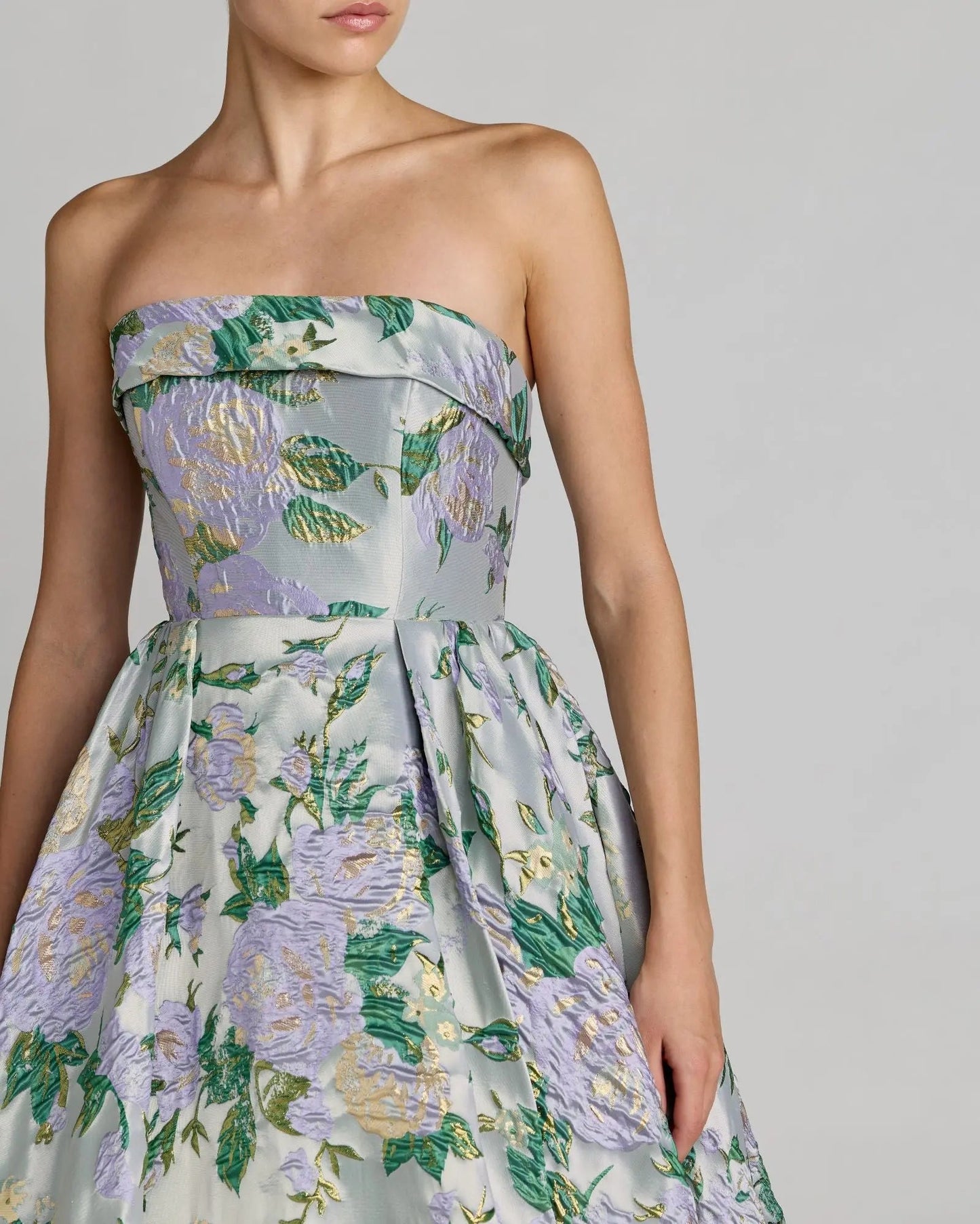 Blue Multicolor Strapless Floral Brocade Ball Gown