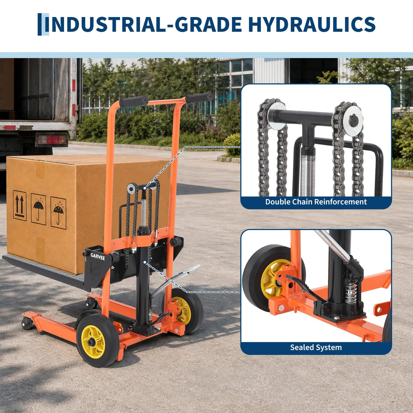 Garvee collapsible Hydraulic Material Lift Winch Stacker - 450 lb Capacity - 35.8 in Max Lift - Removable Platform Lift Table Cart - 360° Swivel Casters - Yellow