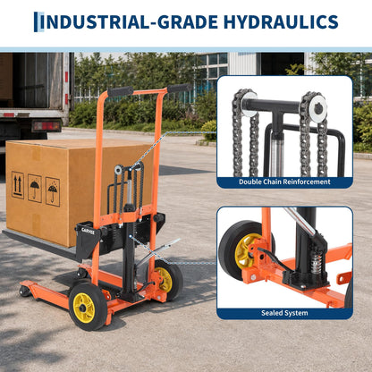 Garvee collapsible Hydraulic Material Lift Winch Stacker - 450 lb Capacity - 35.8 in Max Lift - Removable Platform Lift Table Cart - 360° Swivel Casters - Yellow