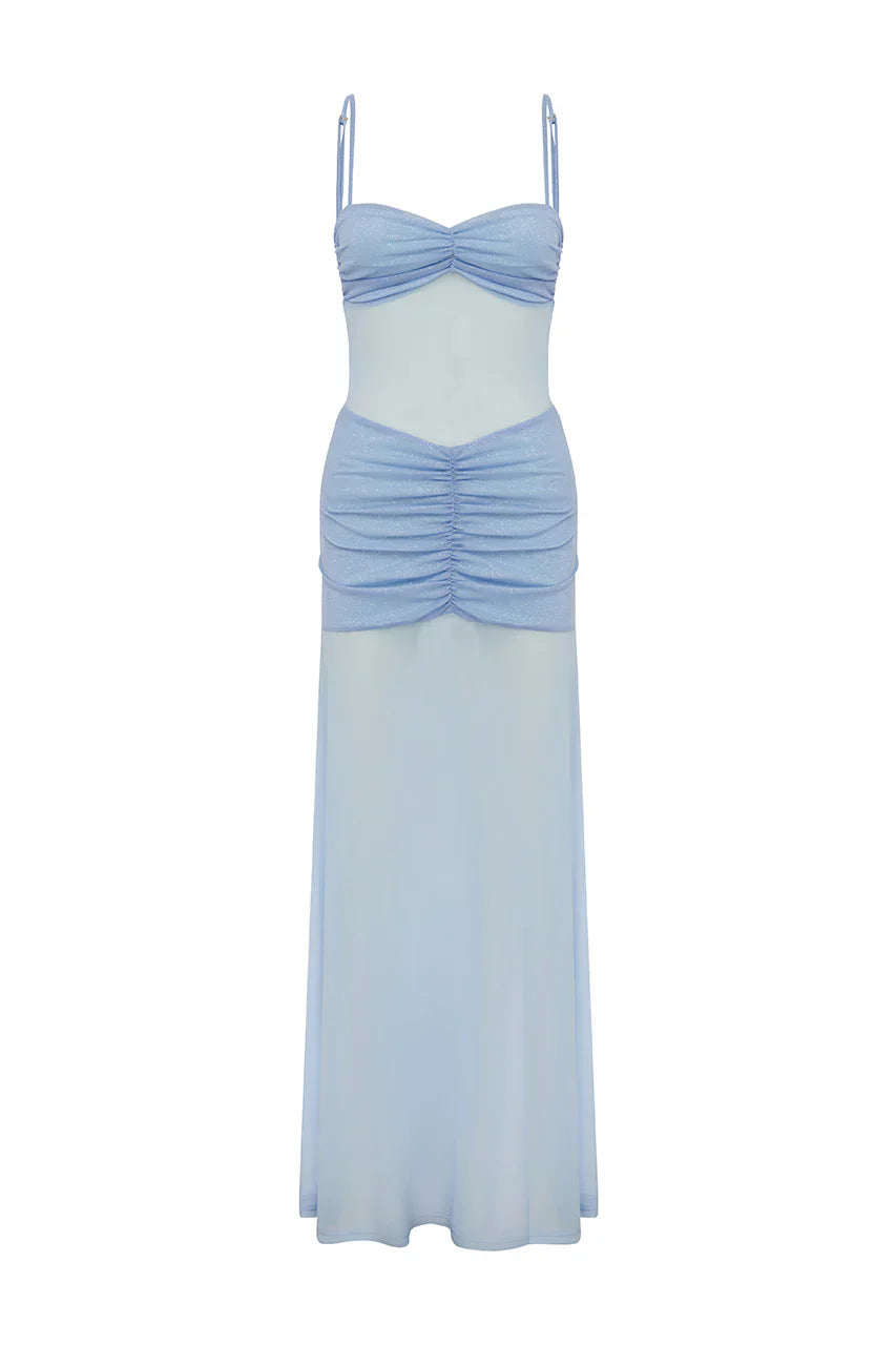 CASSIE GLITTER MESH MAXI DRESS - BLUEBELL