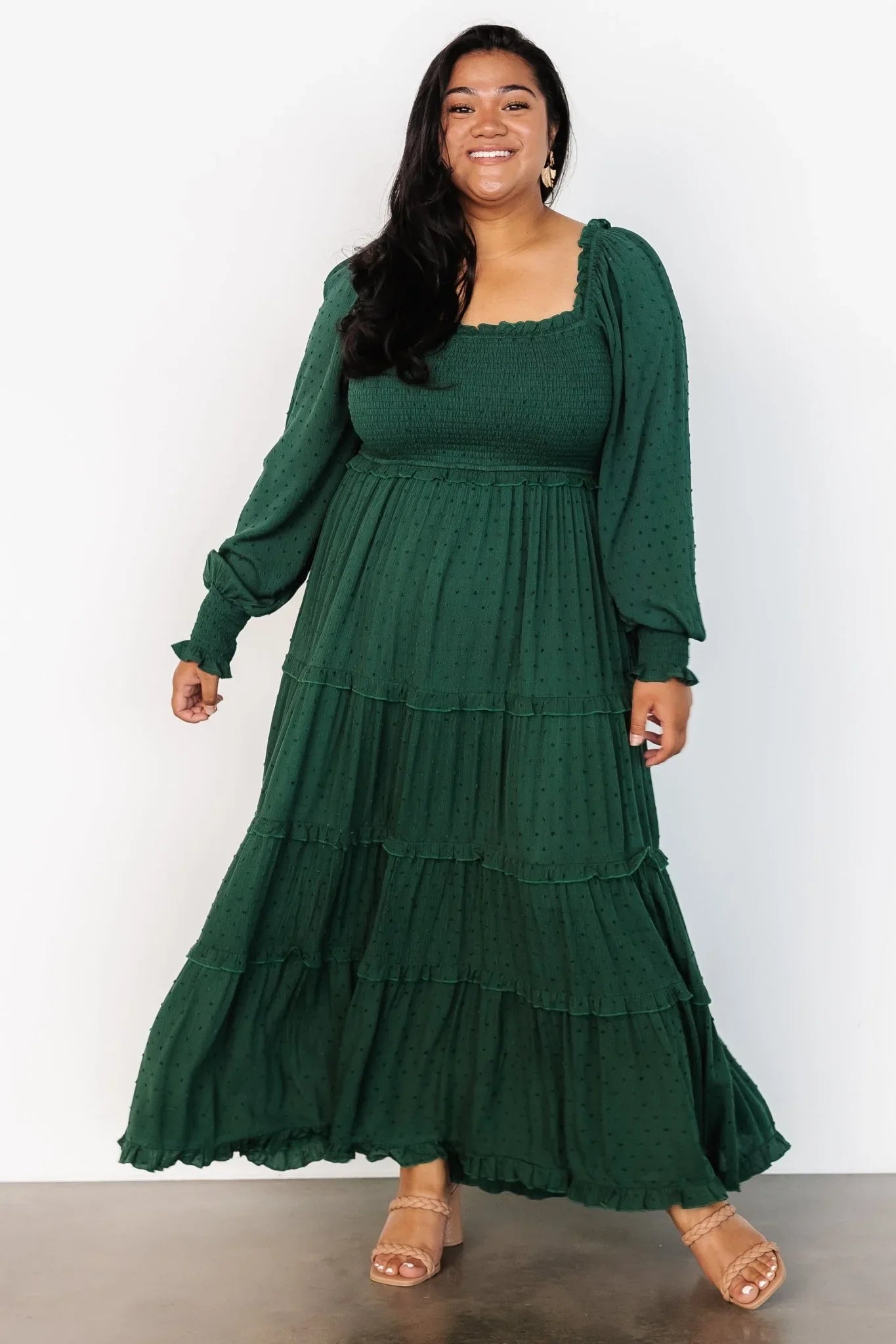 Amanda Smocked Dotted Maxi Dress | Evergreen