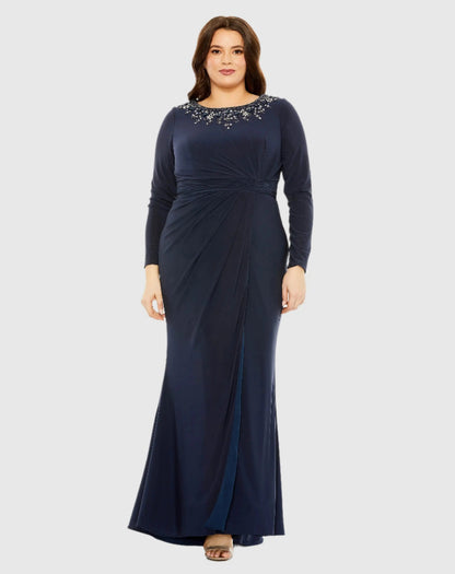 Navy Long Sleeve Embellished Neckline Jersey Gown - FINAL SALE