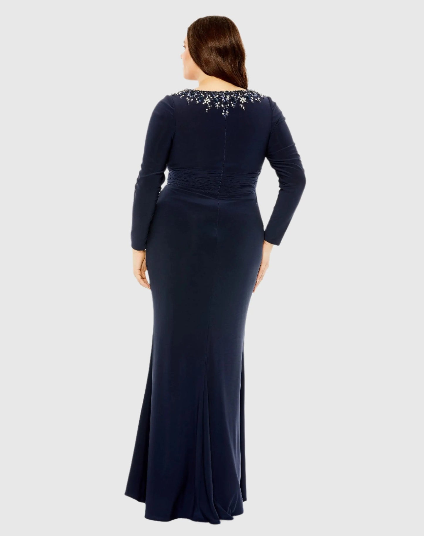Navy Long Sleeve Embellished Neckline Jersey Gown - FINAL SALE