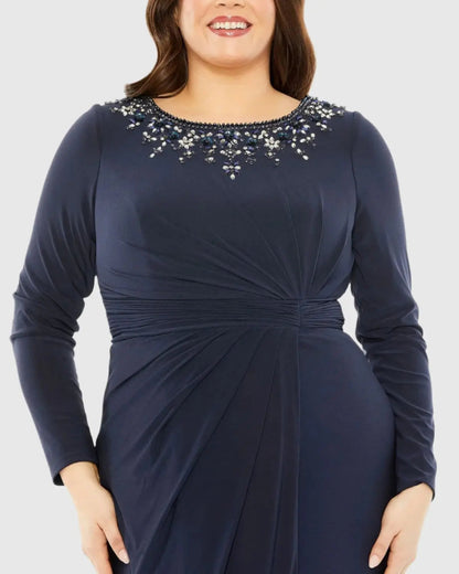 Navy Long Sleeve Embellished Neckline Jersey Gown - FINAL SALE