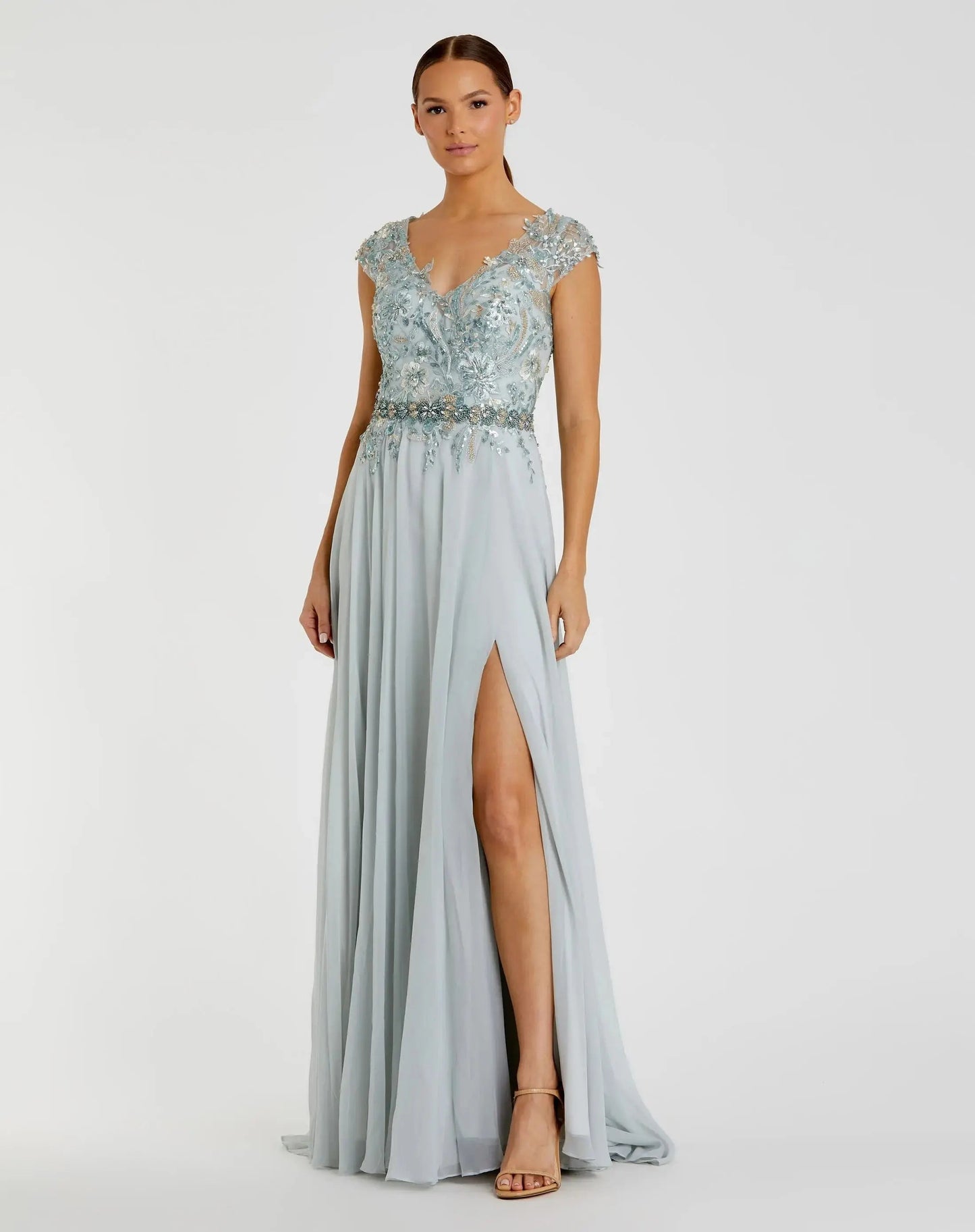 Blue Embellished Chiffon Cap Sleeve A-Line Gown