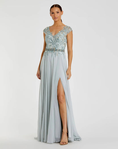 Blue Embellished Chiffon Cap Sleeve A-Line Gown