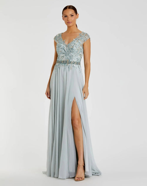 Blue Embellished Chiffon Cap Sleeve A-Line Gown