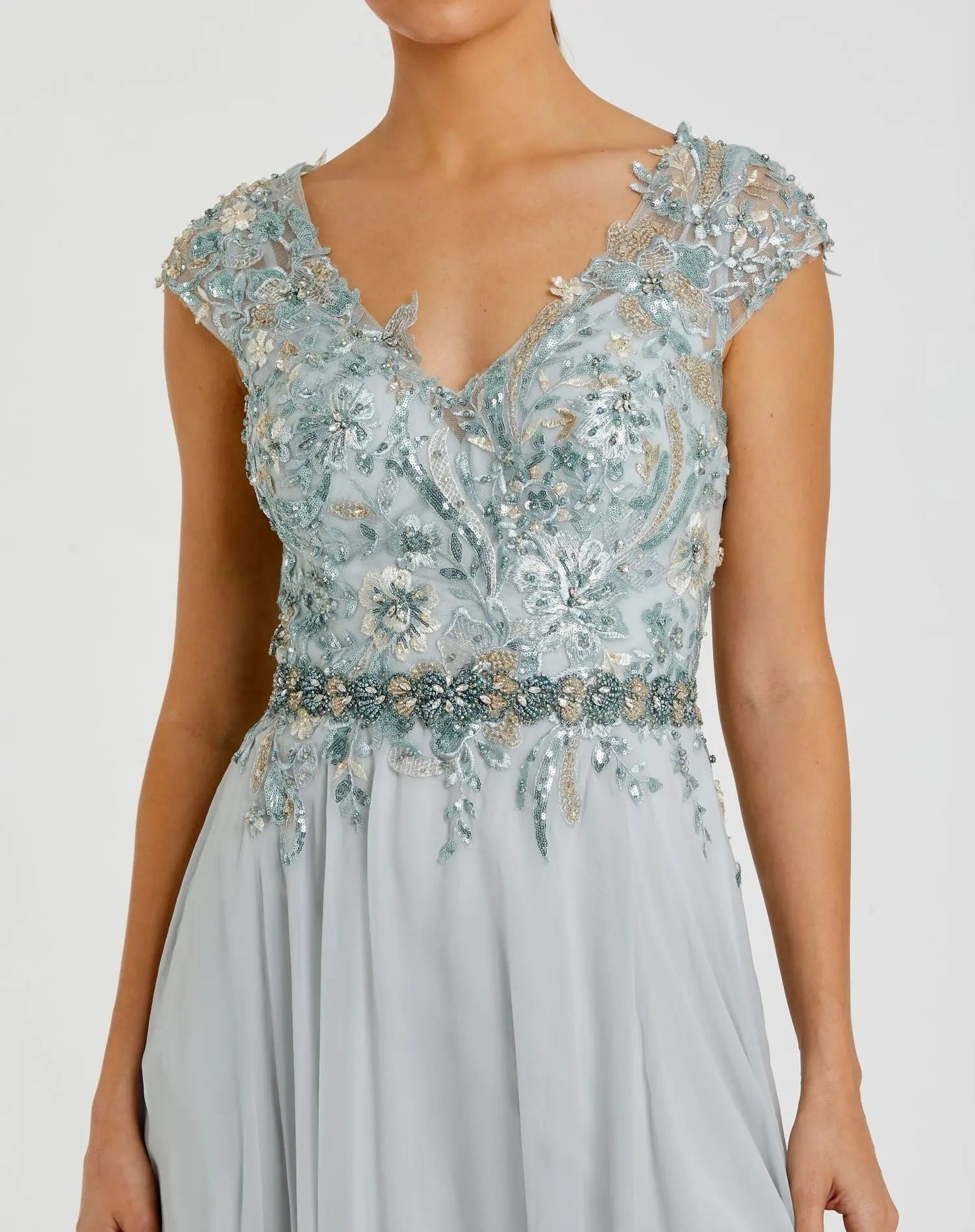 Blue Embellished Chiffon Cap Sleeve A-Line Gown